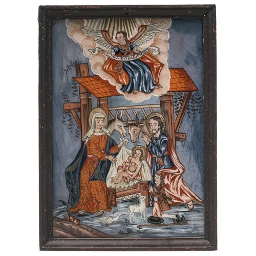 Hinterglasbild. Hl. Familie. Wohl Neukirchen, sign. Johan Wagner. Tempera/Glas. Alterungsspuren. 36,5 x 25,5 cm.