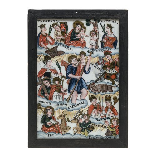 Hinterglasbild. Bayern, wohl Winklarn. Die vierzehn Nothelfer. Tempera/Glas. Leicht besch. 44 x 30 cm.