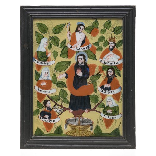 Hinterglasbild. Sandl/Buchers. Stammbaum Jesu. Tempera/Glas. Min. Farbablösungen. 39 x 29,5 cm.