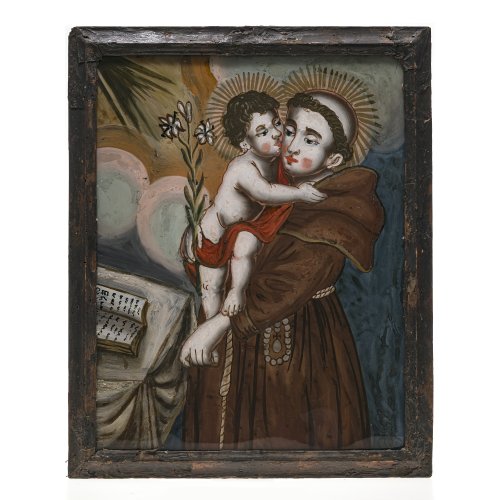 Hinterglasbild. Wohl Winklarn. Hl. Antonius mit dem Jesuskind. Tempera/Glas. Alterungsspuren, Kratzspuren, rest. 45 x 35 cm.