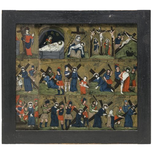 Hinterglasbild. Raimundsreut.  Kreuzweg. Tempera/Glas. Glas mit Sprüngen, rest. 38 x 43 cm.