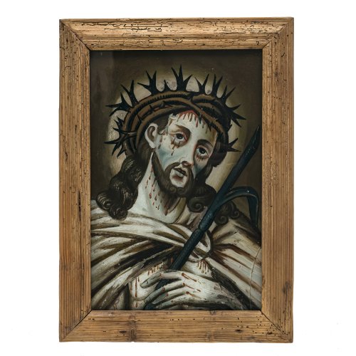 Hinterglasbild. Bayerischer Wald. Christusbildnis - Ecce homo. Tempera/Glas. Am Glasrand Sprung. 33 x 21,5 cm.