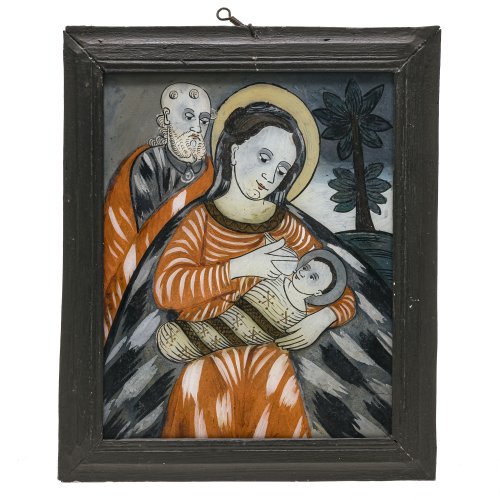 Hinterglasbild. Raimundsreut. Ruhe auf der Flucht. Tempera/Glas. Rest. 29 x 22,5 cm.