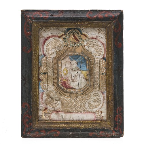 Spitzenbild. Hl. Mönch mit Monstranz, Papierschneidearbeit. Besch. Bemalter Rahmen. 15,5 x 11 cm.