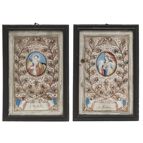 Ein Paar Spitzenbilder, mit hl. Rosalia und hl. Anna. Alterungsspuren, ein Blatt am Rand besch. Je 24 x 15 cm.