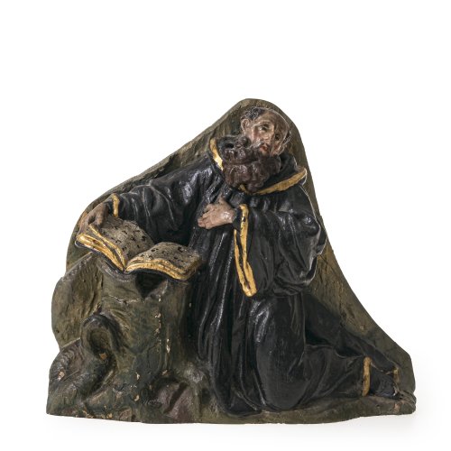 Hl. Eremit. Holz, farbig gefasst. Leicht best., rest. H. 18 cm.