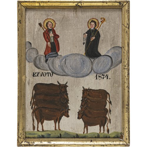 Votivtafel. Süddt., 19. Jh. Hl. Leonhard und Votant auf Wolken. Unterhalb eine Rinderherde. Dat. 1874. Tempera/Holz. 25,5 x 19 cm.
