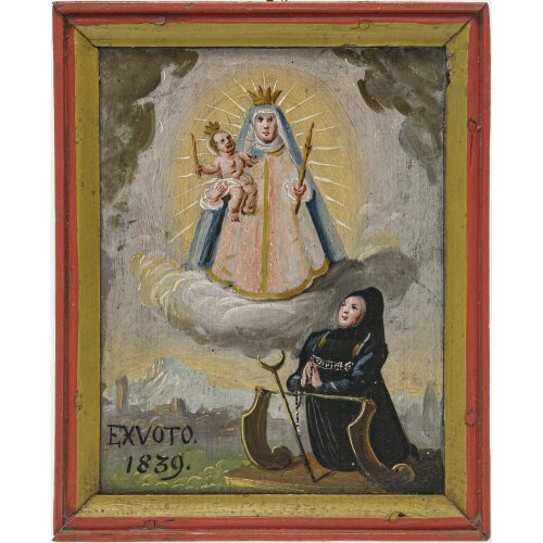 Votivtafel. Süddt., 1. H. 19. Jh. Votantin in stiller Andacht, betend zur Wallfahrtsmadonna. Dat. 1839. Tempera/Holz. 24 x 19 cm.
