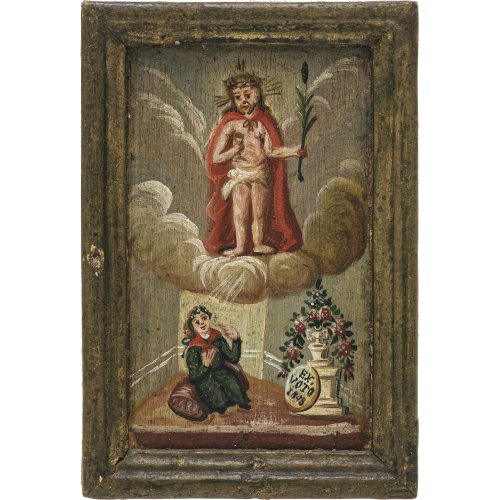 Ex Voto. Süddt., 19. Jh. Gnadenbild, Jesus mit Kelch und Schilfrohr, umgeben von Wolkenaureole. Dat. 1898. Tempera/Holz. 17 x 12 cm.