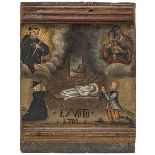 Alpenraum, dat. 1701. Gnadenbild Maria Hilf und Hl. Leonhard. Betende Votanten für erkranktes Kind. Tempera/Holz. 31,5 x 24 cm.