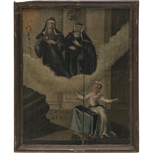 Ex Voto. Süddt., dat. 1793. Anbetung der Hll. Walburga und wohl der Rita von Cascia. Tempera/Holz. Besch. 30 x 22 cm.