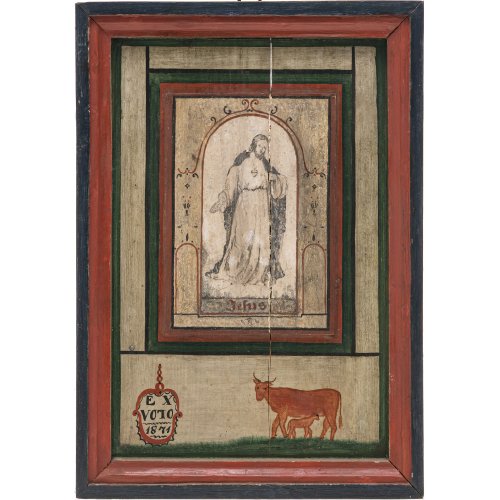 Ex Voto. Süddt., dat. 1871. Verehrung des Heiligsten Herz Jesu. Tempera/Holz. 30,5 x 21 cm. Besch.