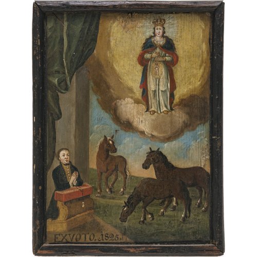 Bayern, dat. 1825. Anbetung des Gnadenbildes vom Bogenberg bei Straubing. Tempera/Holz. 28,5 x 21,5 cm.