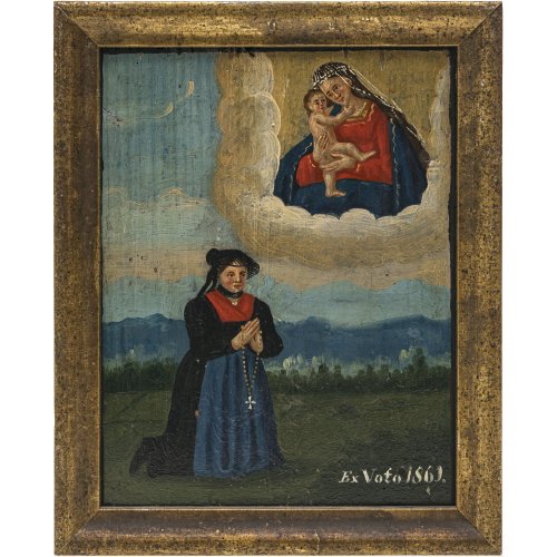 Süddt., dat. 1861. Anbetung des Gnadenbildes Maria Hilf. Tempera/Öl. 22,5 x 18 cm.