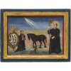 Ex Voto. Bayern, dat. 1860. Anbetung des Hl. Leonhard als Patron von Vieh. Tempera/Holz. 20 x 26,5 cm.