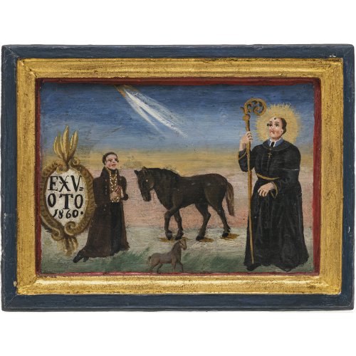 Ex Voto. Bayern, dat. 1860. Anbetung des Hl. Leonhard als Patron von Vieh. Tempera/Holz. 20 x 26,5 cm.