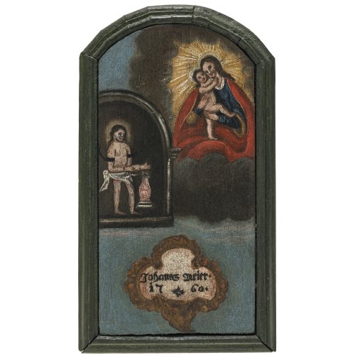 Andachtstafel. Süddt., dat. 1760. Darstellung des Heilands an der Geißelsäule und Gnadenbild Maria Hilf. Tempera/Holz. 33 x 18,5 cm.
