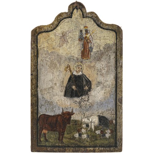 Bayern, 19. Jh. Votivtafel. Darstellungen der Wallfahrtsmadonna von Altötting und des Hl. Leonhard mit Vieh. Tempera/Holz. Alterungsspuren. 27 x 17 cm.