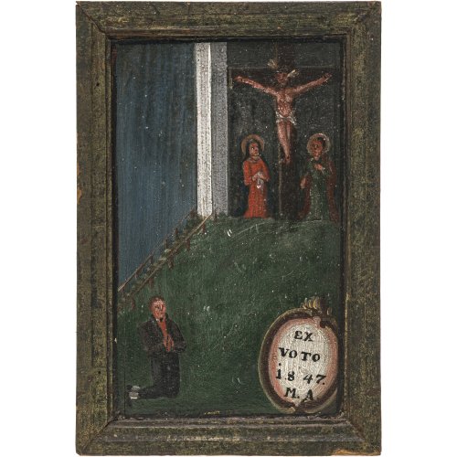 Ex Voto. Süddt., dat. 1847. Anbetung des Gekreuzigten. Tempera/Holz. 22 x 15 cm.
