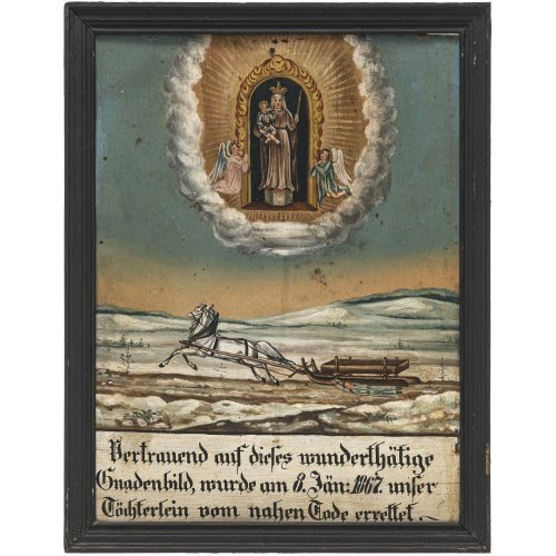 Votivtafel. Süddt., dat. 1867. Anbetung des wundertätigen Gnadenbildes. Unfall mit Pferdeschlitten. Tempera/Metallblech. 32 x 24,5 cm.