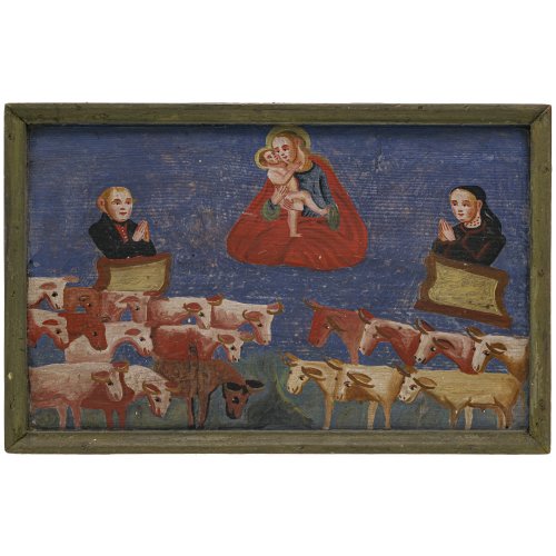 Niederbayern, 19./20. Jh. Gnadenbild Maria Hilf, seitl. jew. ein Votant, darunter eine Rinderherde. Tempera/Holz. Rücks. dat. 1842. 28,5 x 45 cm.