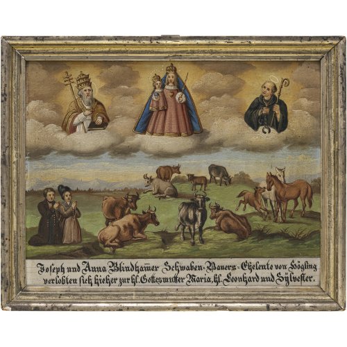 Ex Voto. Bayern, 19. Jh. Anbetung einer Wallfahrtsmadonna und der Hll. Leonhard und Sylvester. Tempera/Karton. 28 x 35,5 cm.