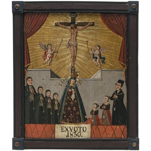 Ex Voto. Süddt., dat. 1830. Anbetung Unserer Lieben Frau der sieben Schmerz, darüber Darstellung des Gekreuzigten. Tempera/Holz. 35,3 x 30,3 cm.