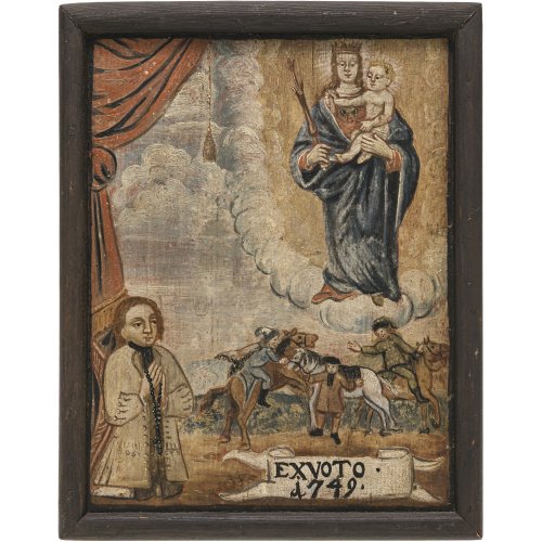 Ex Voto. Süddt., dat. 1749. Votant im Gebet zur Mutter Gottes. Darstellung eines Raubüberfalls zu Pferde. Tempera/Holz. 32 x 25 cm.
