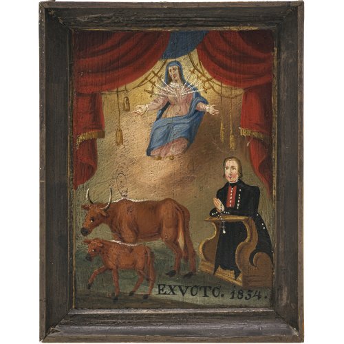 Votivtafel. Süddt., dat. 1834. Anbetung der Schmerzhaften Mutter Gottes. Tempera/Holz. Rest. 27 x 21,5 cm.