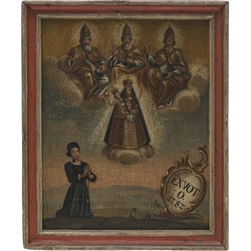 Bayern, dat. 1782. Gnadenbild der Muttergottes von Weihenlinden der Pfarrei Högling mit Trinität. Tempera/Holz. 26 x 21,5 cm.