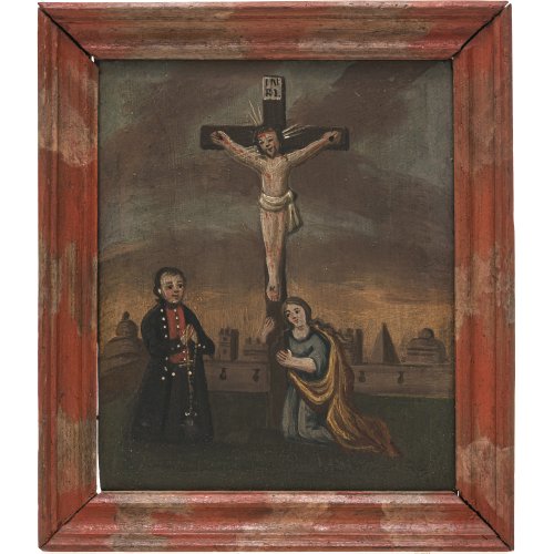 Süddt., 19. Jh. Votivtafel. Anbetung des Gekreuzigten. Tempera/Holz. 20 x 16,5 cm.