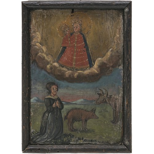 Süddt., 19. Jh. Votantin in Anbetung einer Wallfahrtsmadonna. Tempera/Holz. 23,5 x 17,5 cm.
