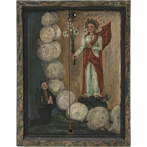 Ex Voto. Süddt., dat. 1840. Votant in Anbetung der Maria Immaculata. Tempera/Holz. 23,5 x 18 cm. Besch.