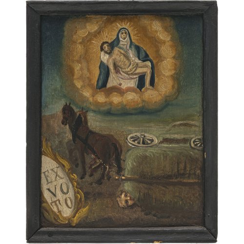 Bayern, 19. Jh. Votivtafel mit Pietà in Wolkenaureole und Unglück mit Pferdefuhrwerk. Tempera/Holz. 22 x 17 cm.