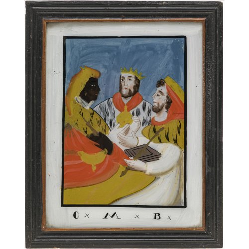 Hinterglasbild. Schwarzwald. Die Heiligen Drei Könige. Tempera/Glas. 31,5 x 24 cm.