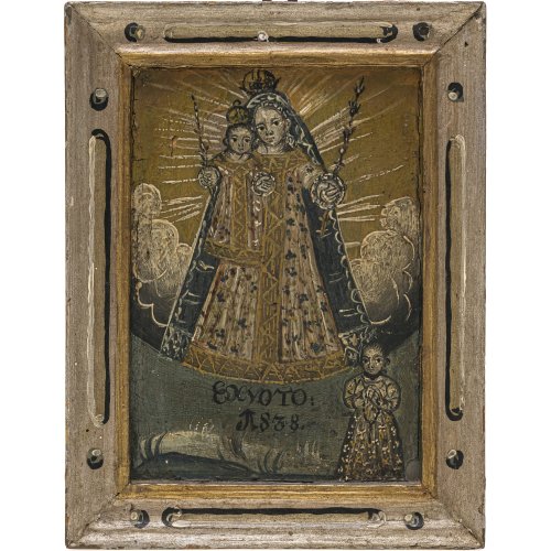 Ex Voto. Süddt., dat. 1838. Anbetung einer Wallfahrtsmadonna. Tempera/Holz. 26 x 20,5 cm. Farbabsplitterungen.