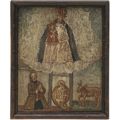 Ex Voto. Süddt., dat. 1799. Anbetung einer Wallfahrtsmadonna. Tempera/Holz. 27 x 22,5 cm.