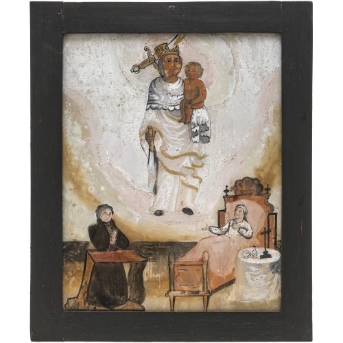 Süddt., 19. Jh. Votivtafel mit Anbetung des Neukirchner Gnadenbildes. Tempera/Glas. 26,5 x 21,5 cm.  Rest. Alterungsspuren.