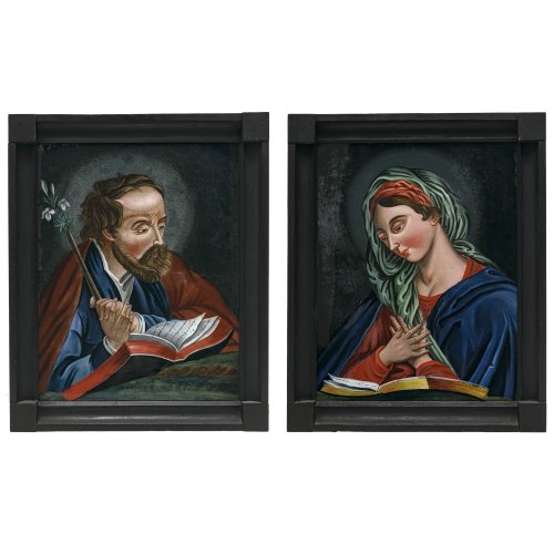 Zwei Hinterglasbilder. Winklarn, sign. Wellnhofer. Hl. Maria und hl. Josef. Tempera/Glas. Alterungsspuren. Je 43 x 33 cm.