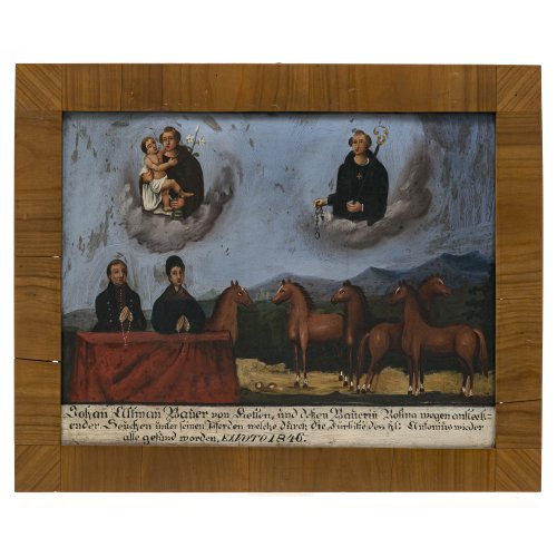 Süddt., dat. 1846. Ex Voto. Anbetung der Hll. Antonius und Leonhard. Tempera/Metallblech auf Holz. 37,5 x 46,5 cm.