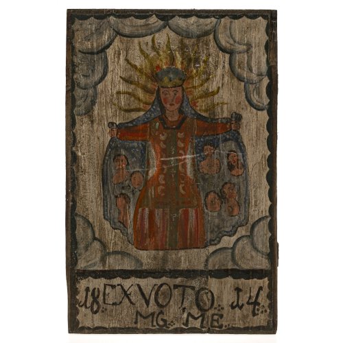 Ex Voto. Süddt., dat. 1814. Darstellung einer Schutzmantelmadonna. Tempera/Holz. 55,5 x 35,5 cm. Alterungsspuren.