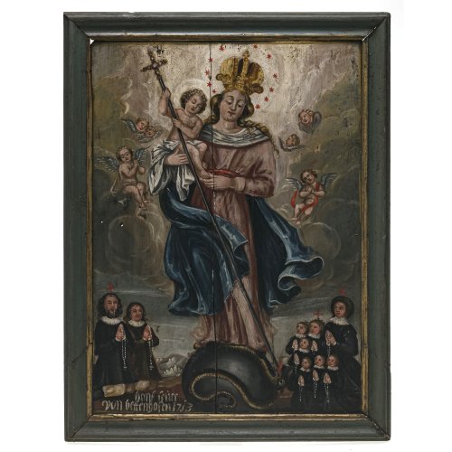 Votivtafel. Süddt., dat. 1713. Anbetung der Maria vom Siege. Tempera/Holz. 63,5 x 46 cm. Besch., rest.