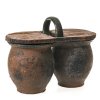Doppelkrug. Niederbayern. Irdenware, Holzdeckel. Alterungsspuren, besch. H. 21 cm.