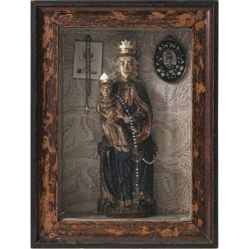Gnadenbild Maria Zell im Rahmenkasten. Holz, farbig gefasst. Besch. H. 25 cm.