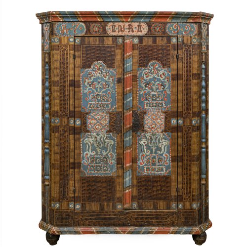 Bauernschrank. Rottal, dat. 1799. Weichhholz, übergangene Farbfassung. 178 x 137 x 59 cm. Rest.