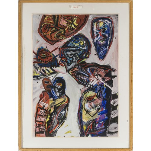 Strauch, Diri. Abstrakte Komposition. Öl/Mischtechnik/Papier. 98,5 x 69,5 cm. Sign., dat.  92.