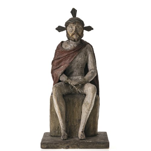 Bayern oder Böhmen, 19. Jh. Christus in der Rast, Holz geschnitzt. Vollrund ausgeführt, übergangene Farbfassung. H. ca. 42,5 cm. Besch. und rep.