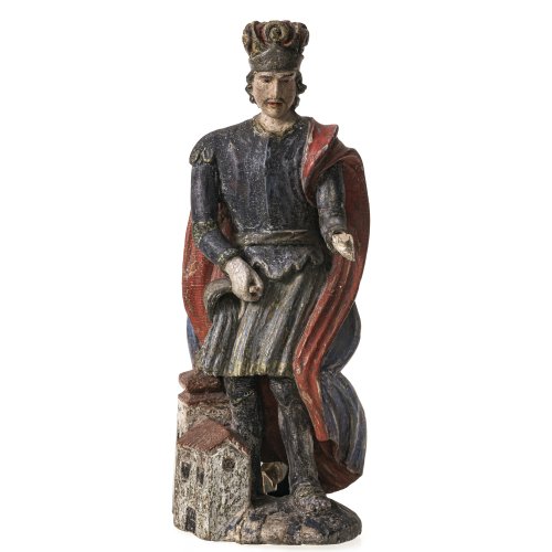 Hl. Florian. Bayern oder Böhmen. Holz, Farbfassung. Besch., eine Hand fehlt. H. 49 cm.