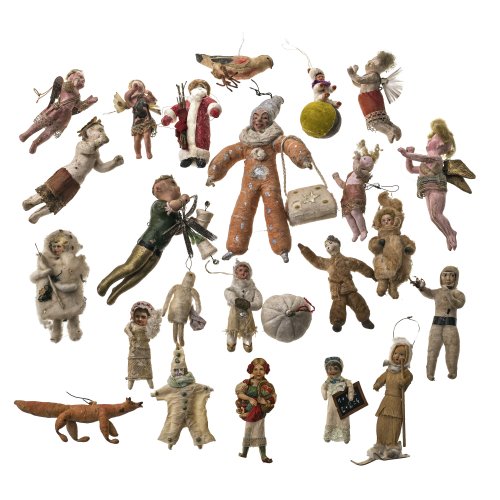 Konvolut weihnachtlicher Schmuck. Sachsen oder Thüringen, 19./20. Jh. Ca. 25 Teile. Diverse Figuren aus Watte, Textil, Stoff und teilw. Holz. Alterungs- und Gebrauchsspuren. Unterschiedliche Maße.