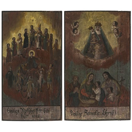 Zwei Votivtafeln. Süddeutschland oder Österreich. Die vierzehn Nothelfer bzw. hl. Familie unter Gnadenbild der Gottesmutter. Besch. Je 44 x 27 cm.